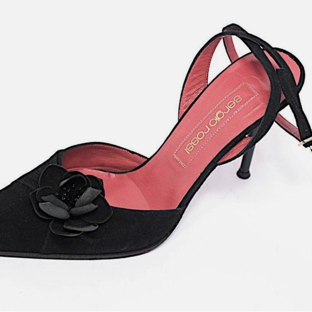 SERGIO ROSSI Black 100% Suede Flowered Ankle Strap 4" Stiletto Heels Sz EU 39 - Picture 15 of 16
